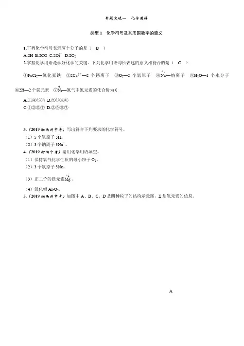 2020年广西中考化学总复习专题突破训练：专题1  化学用语
