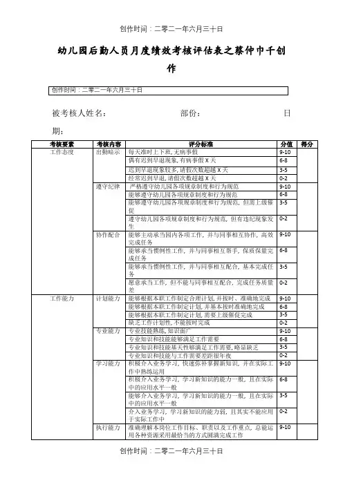 幼儿园后勤人员考核评估表