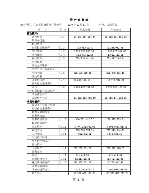 2019年五粮液集团财务报表-18页word资料