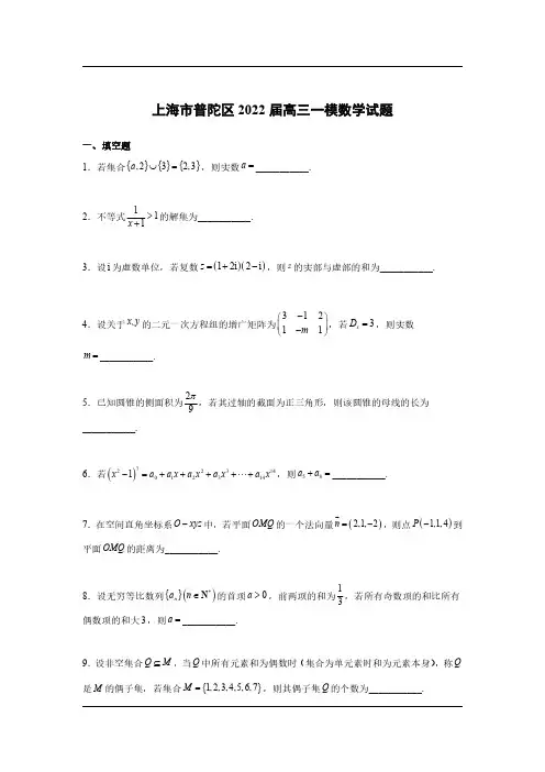 2022届上海市普陀区高三数学一模含解析