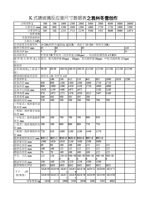 K式搪玻璃反应釜尺寸数据表