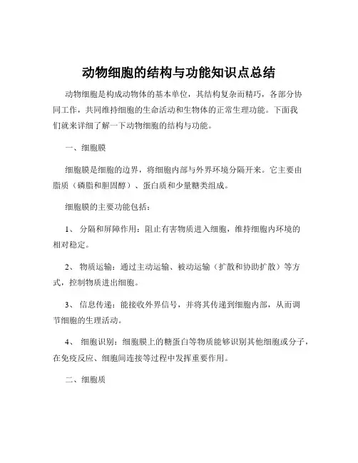 动物细胞的结构与功能知识点总结