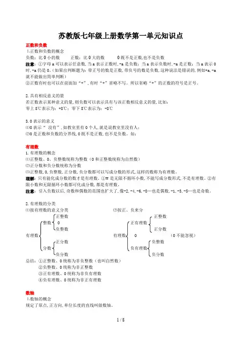 苏教版七年级上册数学第一单元知识点