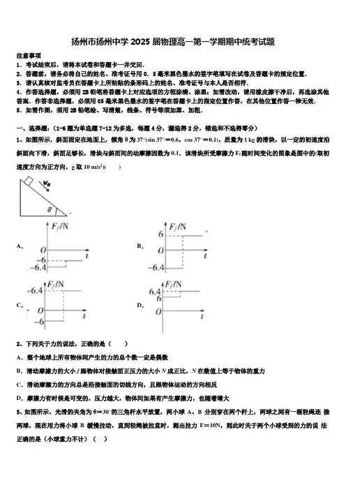扬州市扬州中学2025届物理高一第一学期期中统考试题含解析