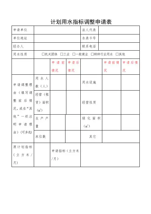 计划用水指标调整申请表