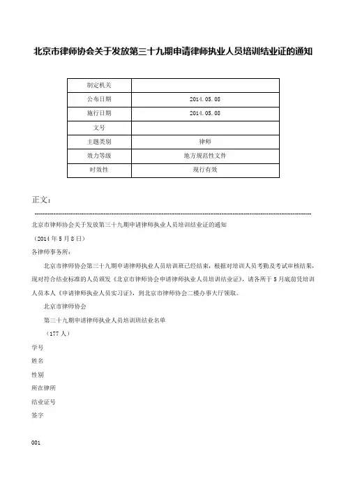 北京市律师协会关于发放第三十九期申请律师执业人员培训结业证的通知-