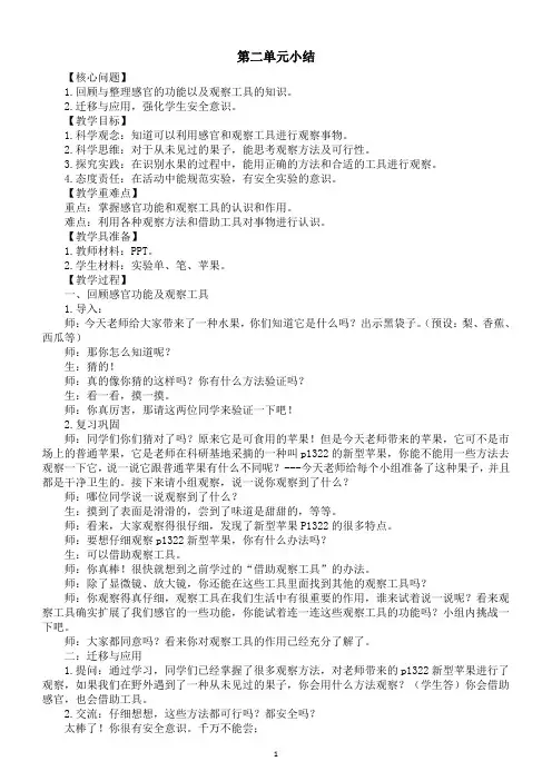 小学科学新苏教版一年级上册第二单元《用感官观察》单元小结教学设计(2024秋)