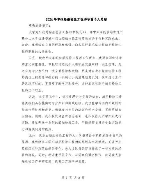 2024年申报船舶检验工程师职称个人总结