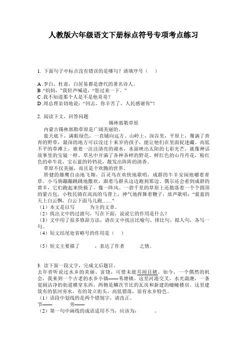人教版六年级语文下册标点符号专项考点练习