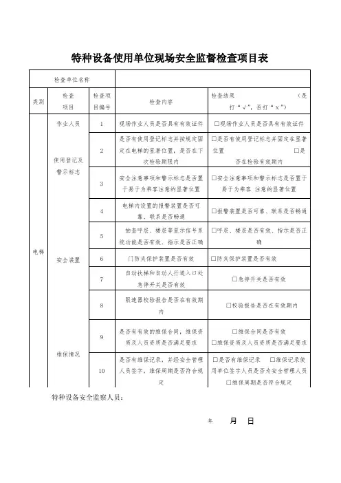 特种设备现场安全监督检查原始记录表(电梯)