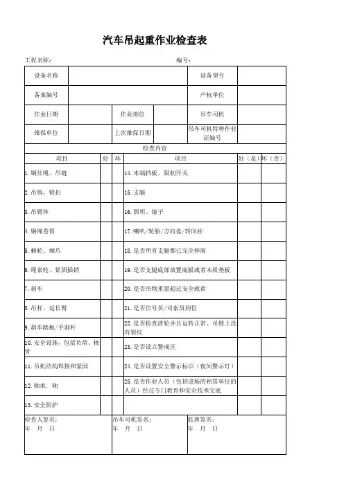 汽车吊起重作业检查表