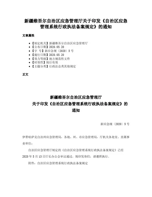 新疆维吾尔自治区应急管理厅关于印发《自治区应急管理系统行政执法备案规定》的通知
