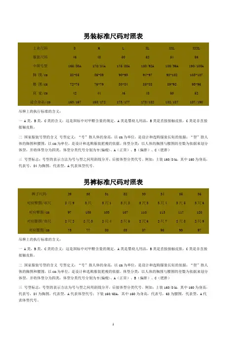 服装标准尺码对照表