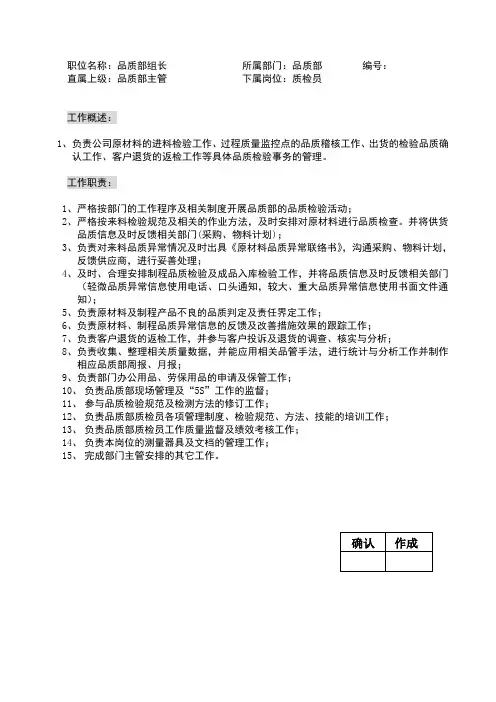 品质部各岗位职责