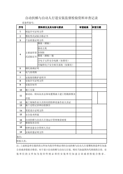 自动扶梯与自动人行道安装监督检验资料审查记录