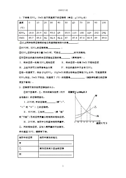 2025年中考化学溶解度专题复习