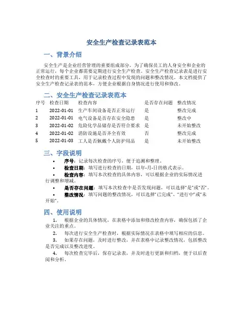安全生产检查记录表范本