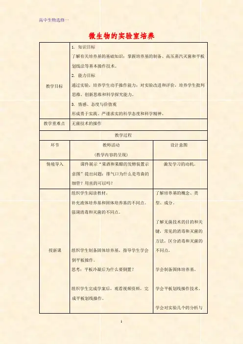 高中生物选修1教学设计16：2.1 微生物的实验室培养教案
