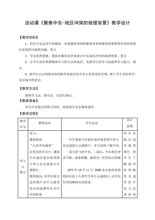 教学设计：活动课 聚焦中东——地区冲突的地理背景