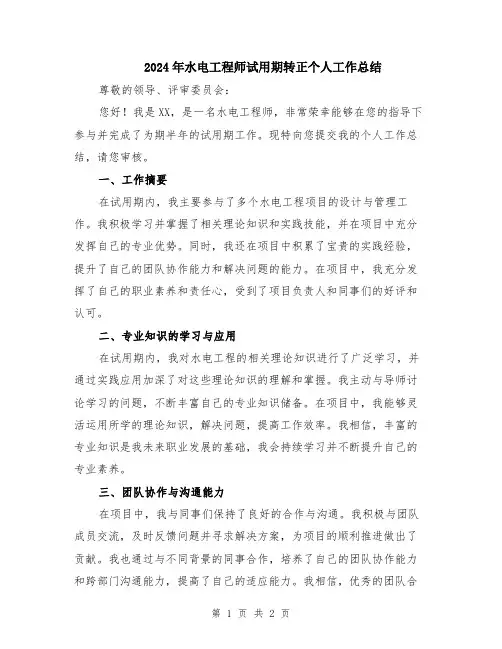 2024年水电工程师试用期转正个人工作总结