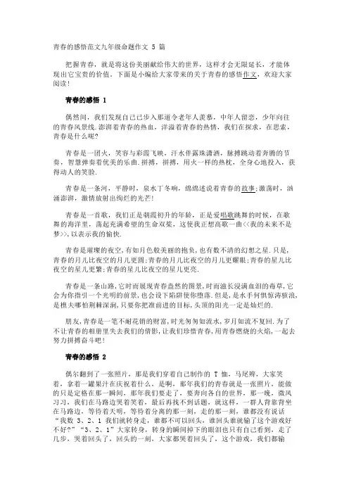 青春的感悟范文九年级命题作文5篇