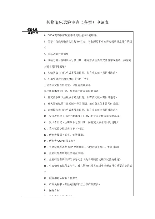 药物临床试验审查备案申请表