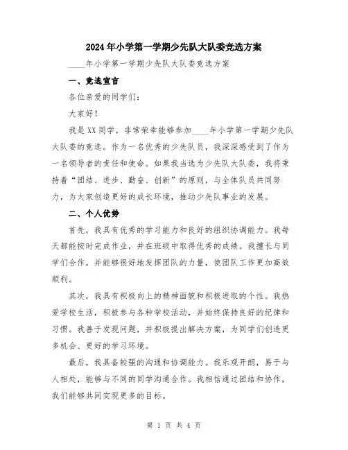 2024年小学第一学期少先队大队委竞选方案