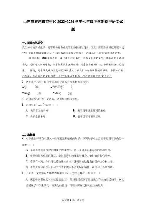 山东省枣庄市市中区2023-2024学年七年级下学期期中语文试题