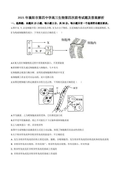 2021年襄阳市第四中学高三生物第四次联考试题及答案解析