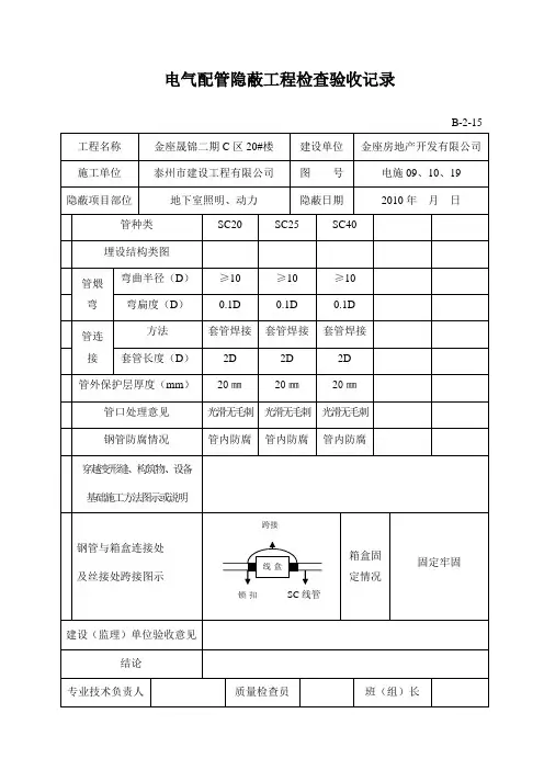 电气配管隐蔽工程检查验收记录