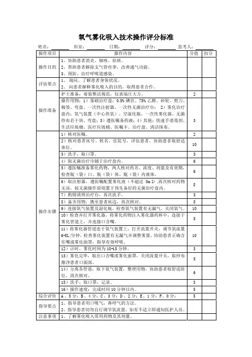 氧气雾化吸入技术操作评分标准表