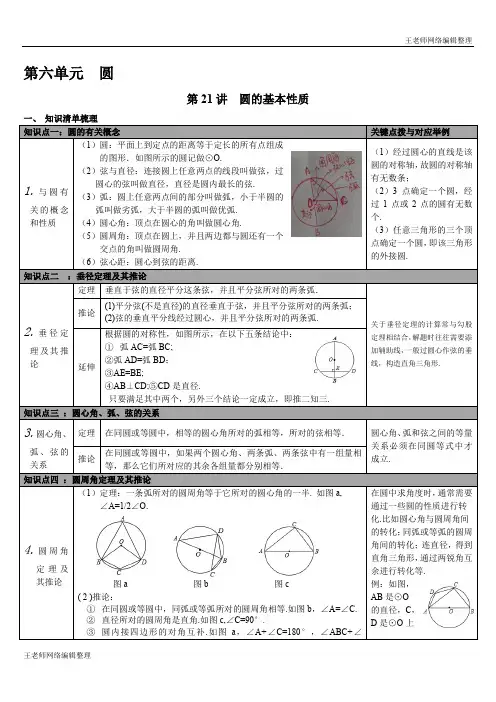 2020年春沪科版九年级数学下册中考知识点梳理第21讲 圆的基本性质