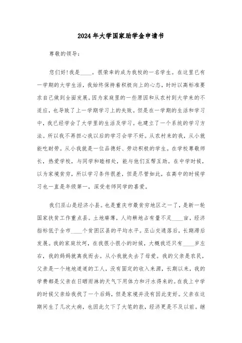 2024年大学国家助学金申请书(5篇)