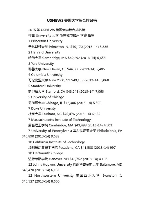 USNEWS美国大学综合排名榜