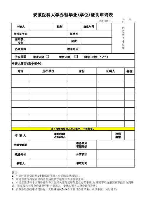 AHMU办理毕业(学位)证明书申请表