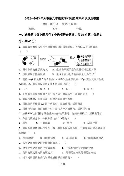 2022—2023年人教版九年级化学(下册)期末知识点及答案