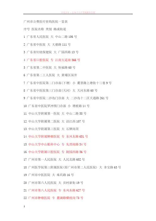 广州市公费医疗挂钩医院一览表