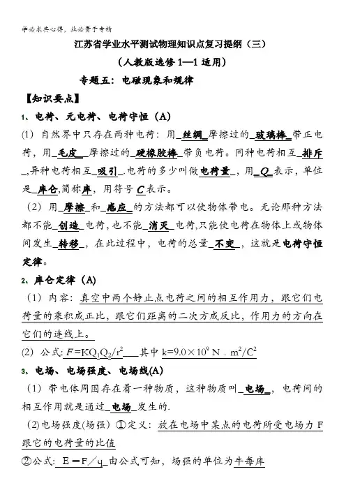 学业水平测试物理知识点复习提纲专题电磁现象和规律