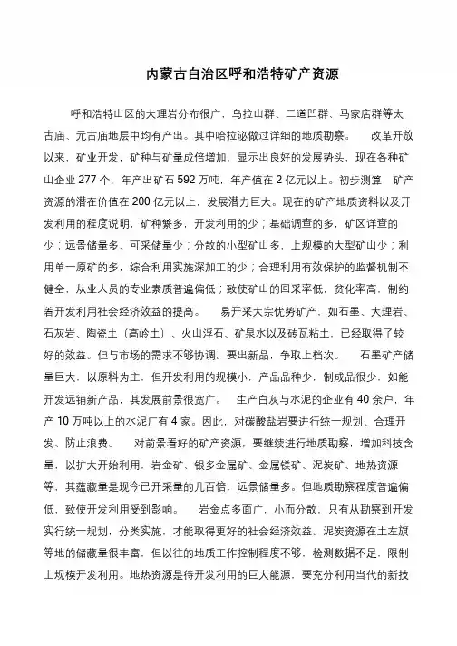 内蒙古自治区呼和浩特矿产资源
