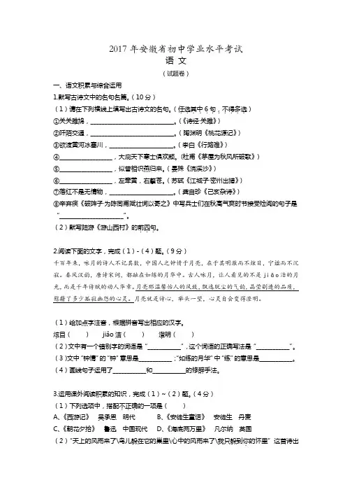 2017年安徽省安徽中考语文