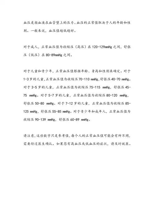 2022各年龄血压正常值标准
