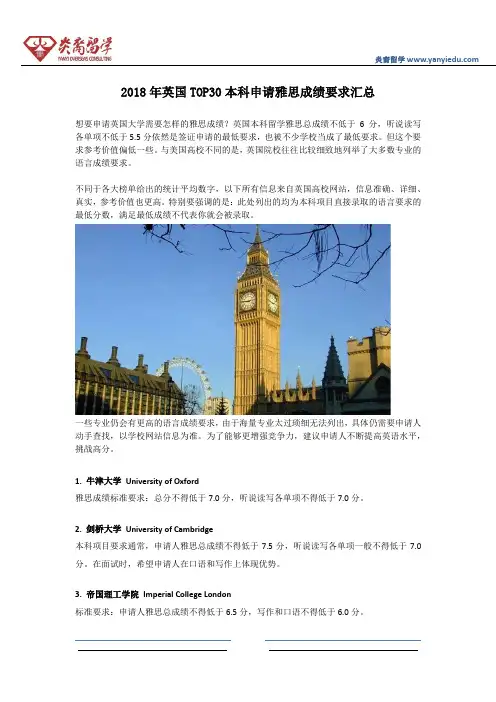 2018年英国TOP30本科申请雅思成绩要求汇总