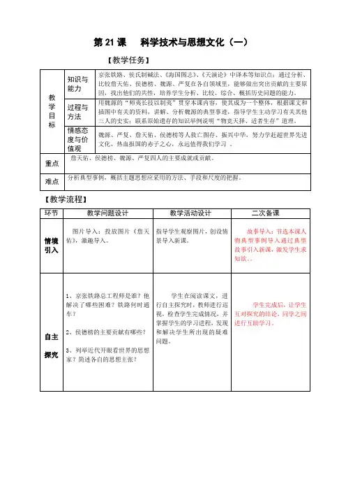 第21课  科学技术与思想文化(一)人教版八年级上册历史  第21课  科学技术与思想文化(一)  教案01