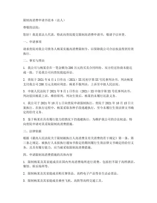 限制高消费申请书范本法人