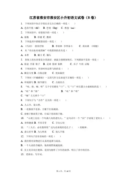 最新整理江苏省淮安市淮安区小升初语文试卷(B卷)和答案解析