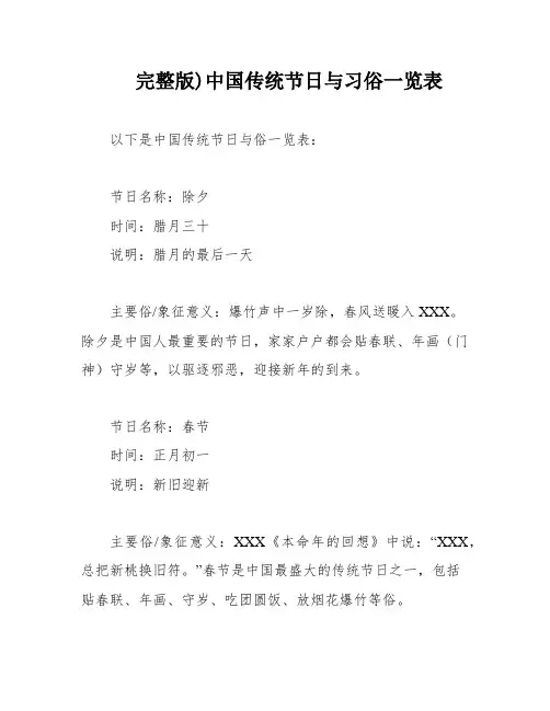 完整版)中国传统节日与习俗一览表