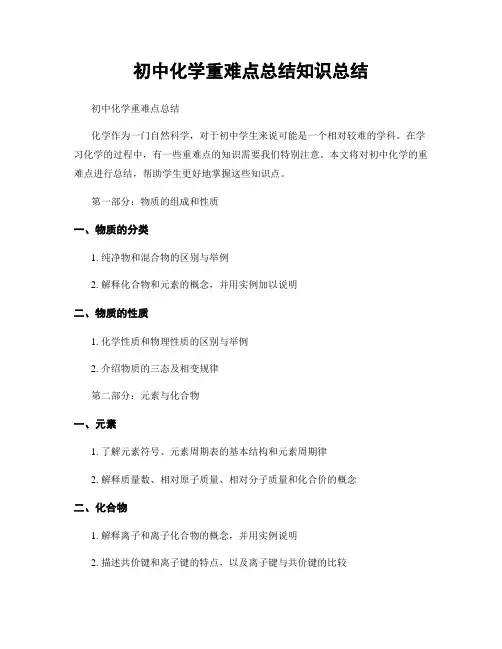 初中化学重难点总结知识总结