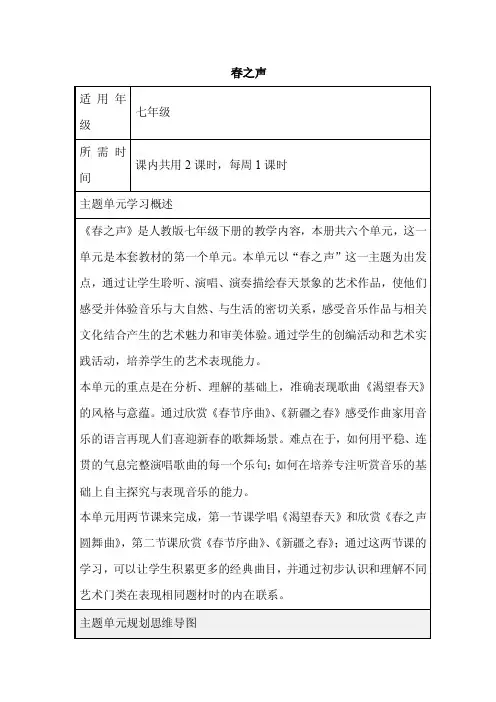 初中音乐《春之声》单元教学设计以及思维导图