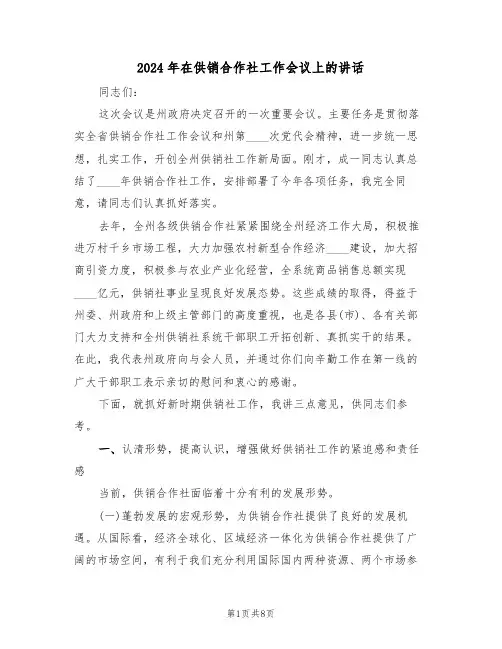2024年在供销合作社工作会议上的讲话(二篇)