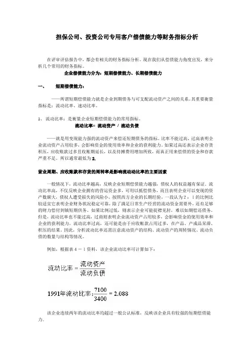 担保公司、投资公司专用客户偿债能力等财务指标分析